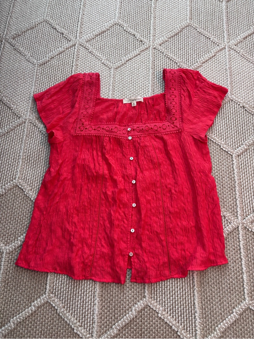Rewind Red Button-Front Square Neck Blouse